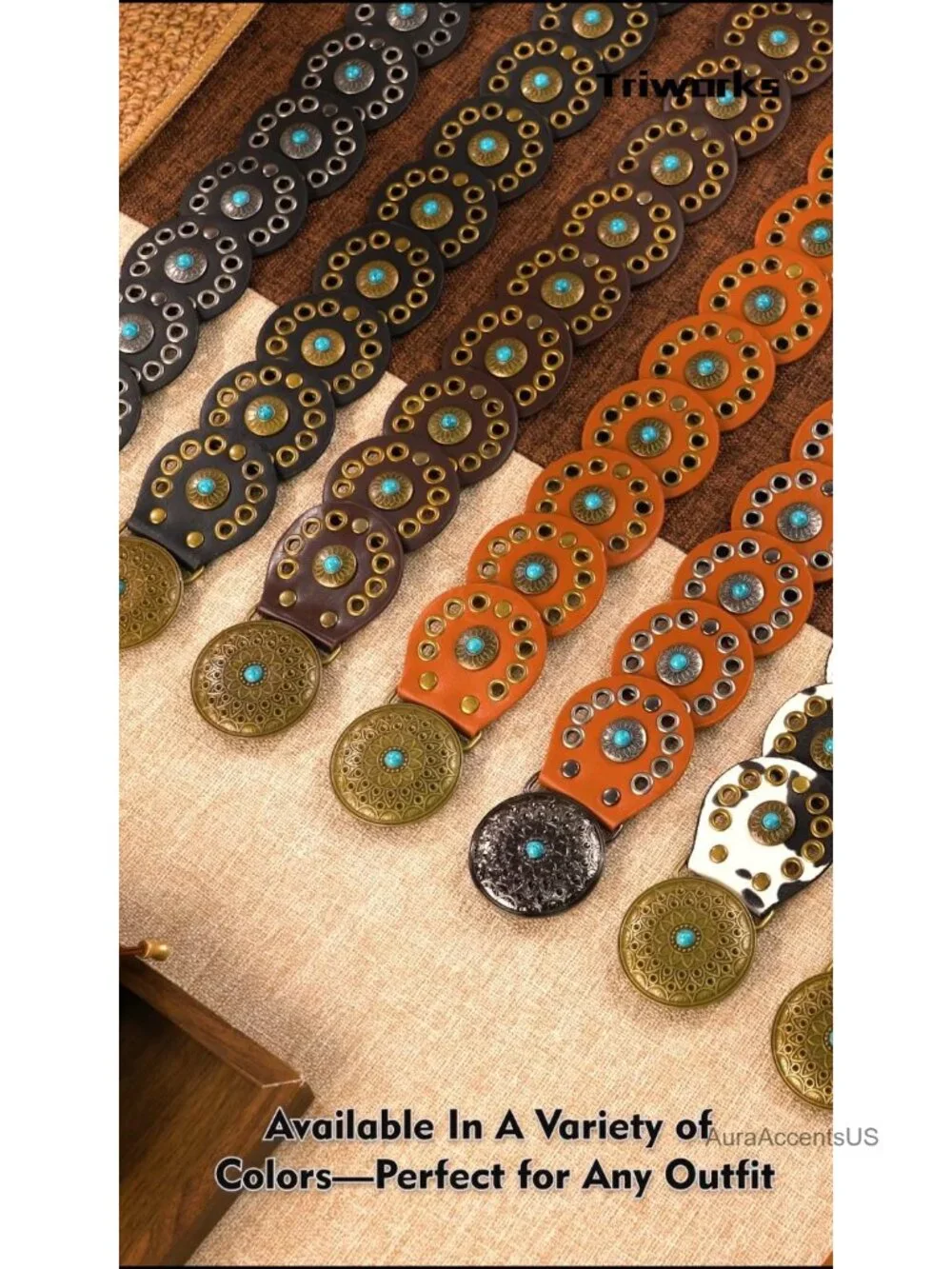 Western Concho Disc Belt with Turquoise – Vintage Cowgirl Leather Belt for